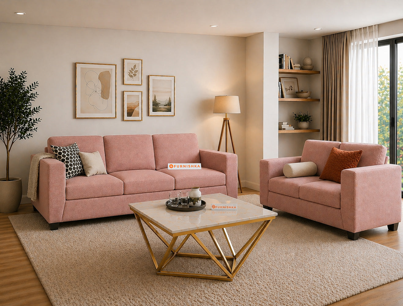 Oliver 3+2 Seater Sofa Set Flamingo Pink - Furnishka
