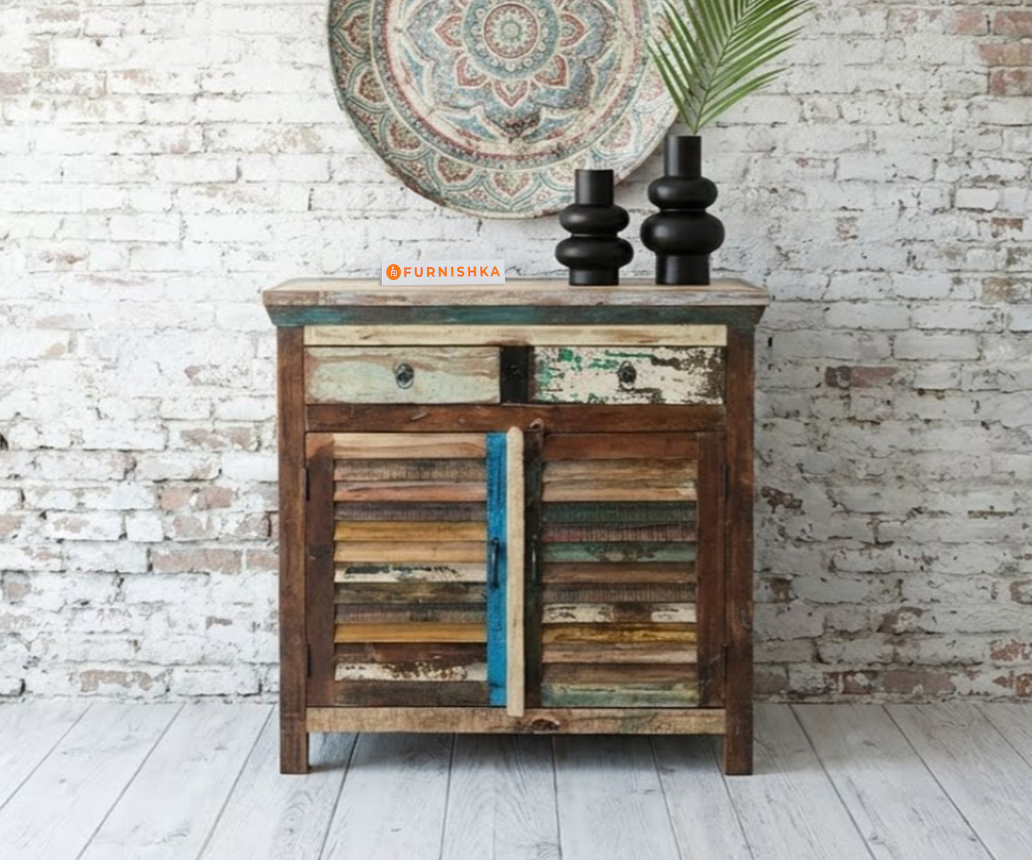 Olven Two Door with 2 Drawer Carved Frame Side Board Reclaimed - Furnishka