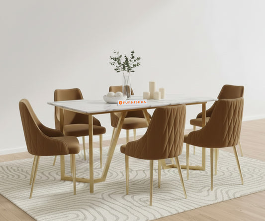Olzaa 6-Seater Dining Set with White Engineered Marble Table Top And Nyla Chairs - Furnishka