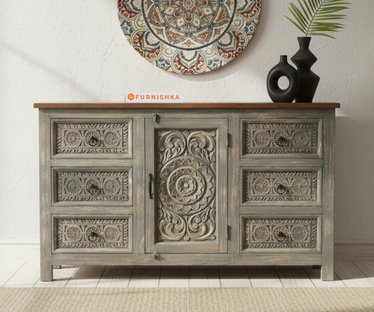 Opulon One Door and Triple Drawers Cabinet & Storage Distressed - Furnishka