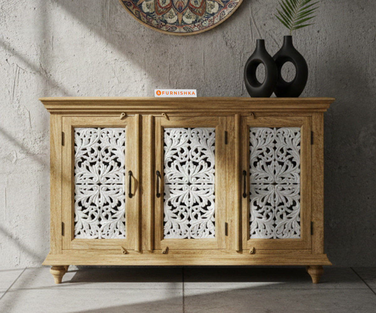 Ornate Triple Door Cabinet Storage Distressed - Furnishka