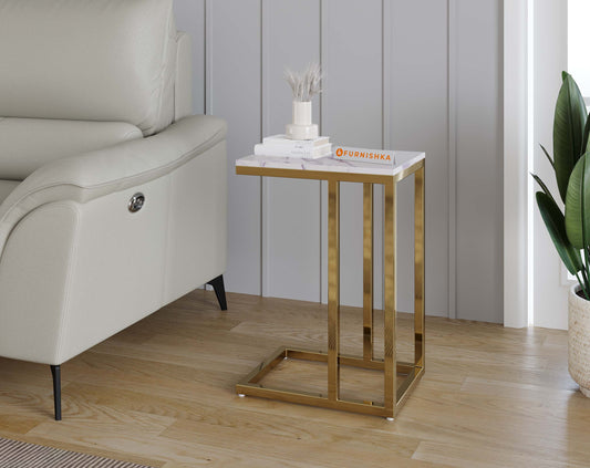 Ovid Side Table with White Engineered Marble Top - Furnishka