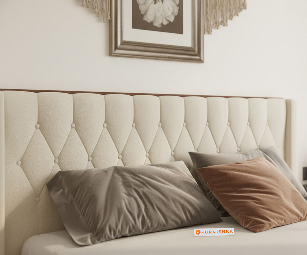 Samawi Fabric bed with Upholstered headboard Non Storage Queen Size - Light beige - Furnishka