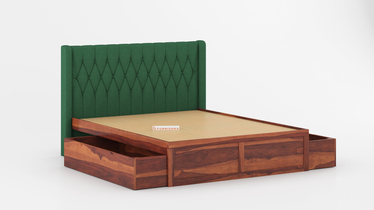 Samawi Sheesham Wood bed with Upholstered headboard Drawer Storge Queen Size - Furnishka