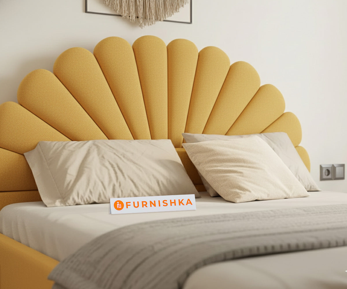 Satin Fabric bed With Upholstered headboard Non Storage Mustard Yellow - King Size - Furnishka