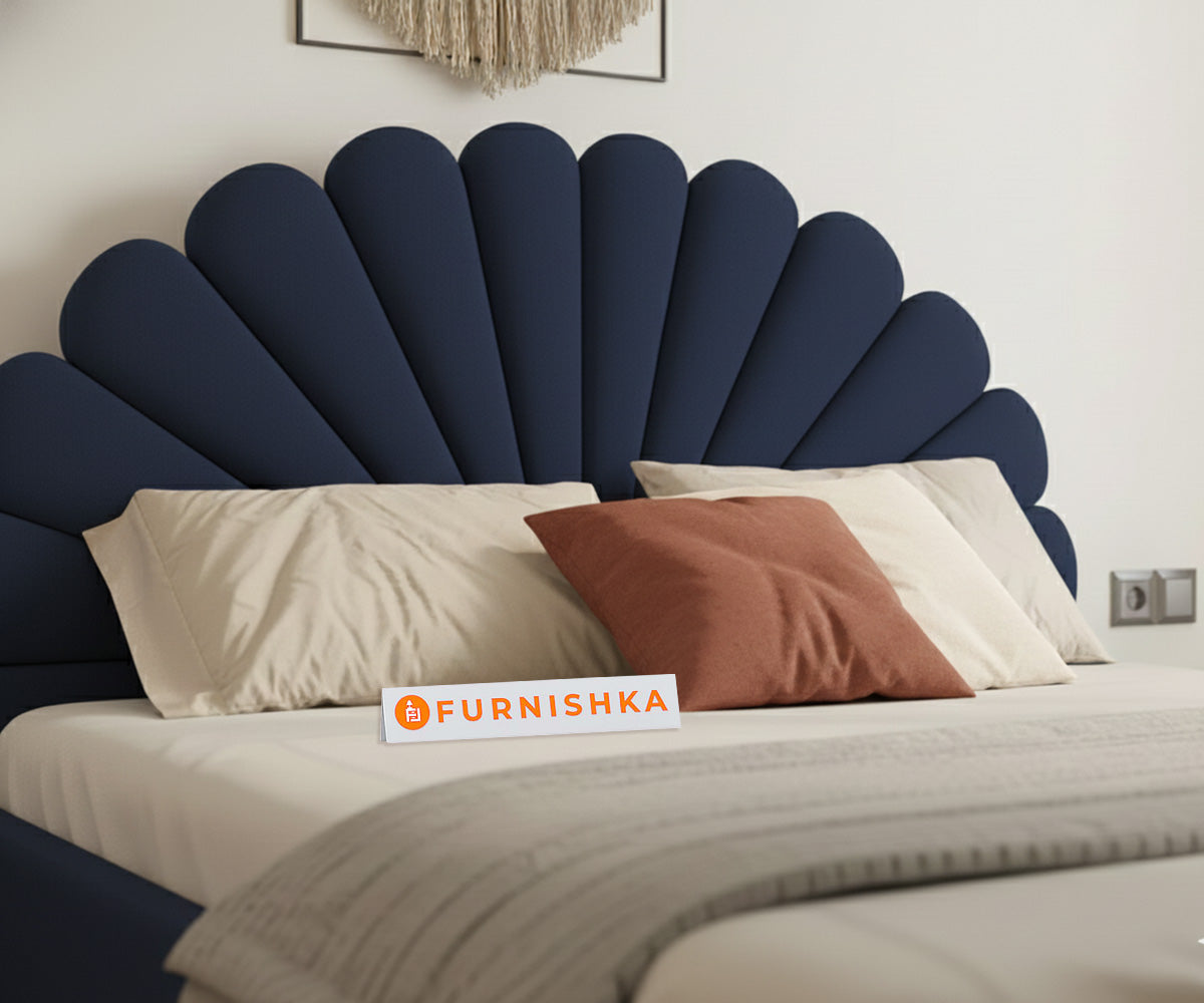 Satin Fabric bed With Upholstered headboard Non Storage Persian Blue - King Size - Furnishka