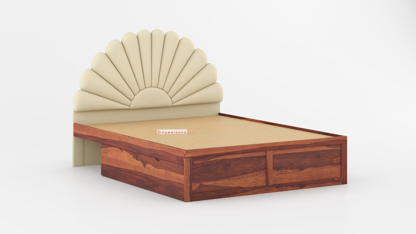 Satin Sheesham Wood bed with Upholstered headboard Drawer Storge Queen Size - Furnishka