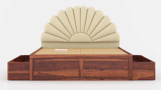 Satin Sheesham Wood bed with Upholstered headboard Drawer Storge King Size - Furnishka