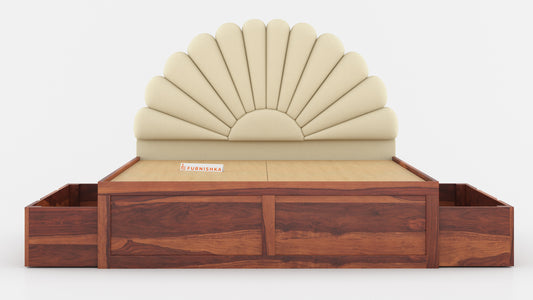 Satin Sheesham Wood bed with Upholstered headboard Drawer Storge Queen Size - Furnishka