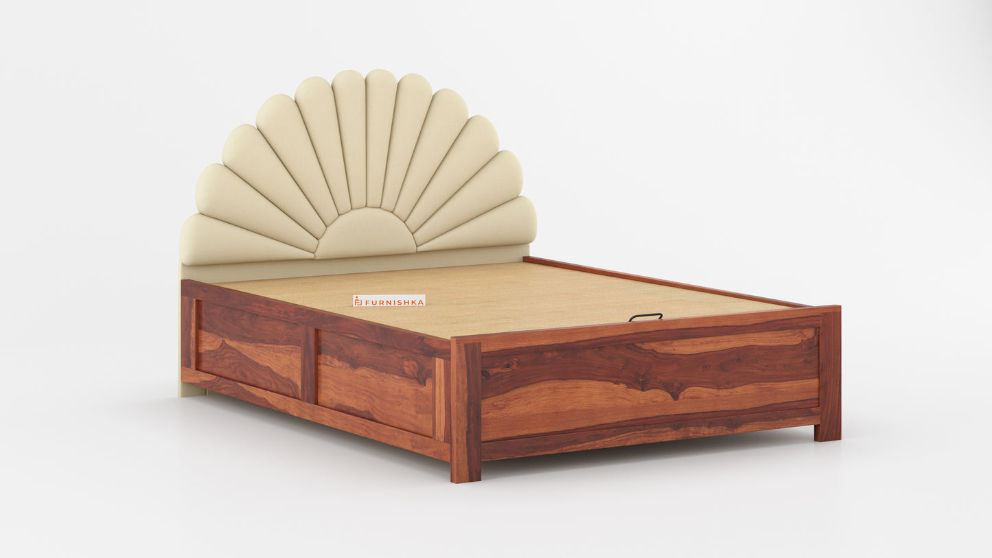 Satin Sheesham Wood bed with Upholstered headboard Hydraulic Storage King Size - Furnishka
