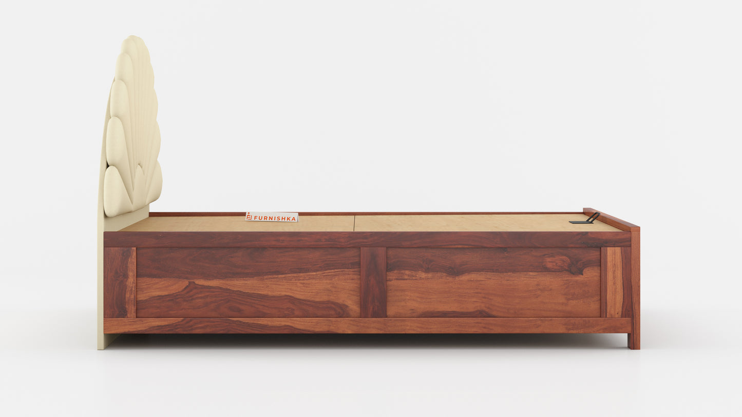 Satin Sheesham Wood bed with Upholstered headboard Hydraulic Storage Queen Size - Furnishka