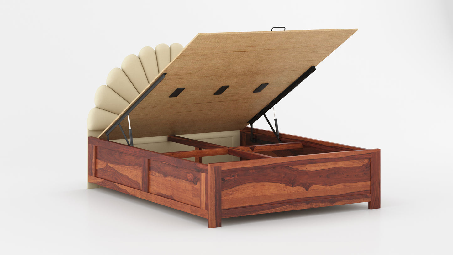 Satin Sheesham Wood bed with Upholstered headboard Hydraulic Storage Queen Size - Furnishka