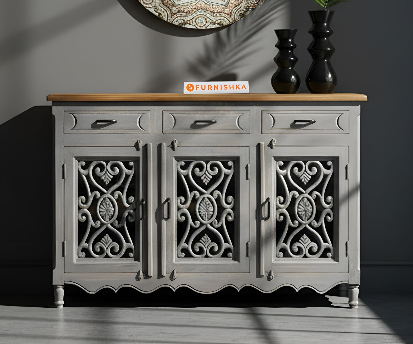 Scrolled Heart Carved with 3 drawers 3 shutters Distressed