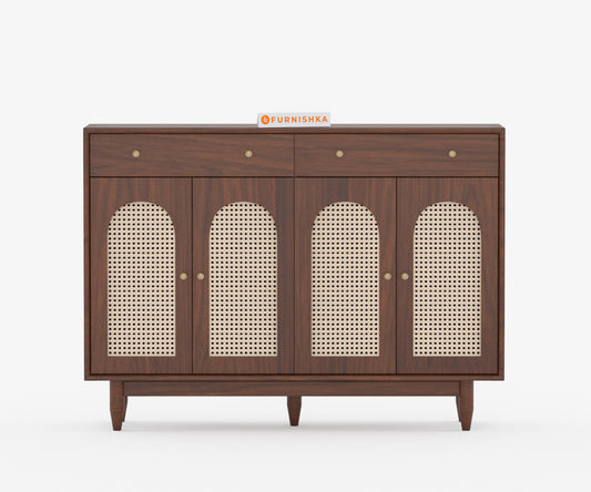 Smith Acacia Wood Four Door Cane Chest of Drawers - Furnishka