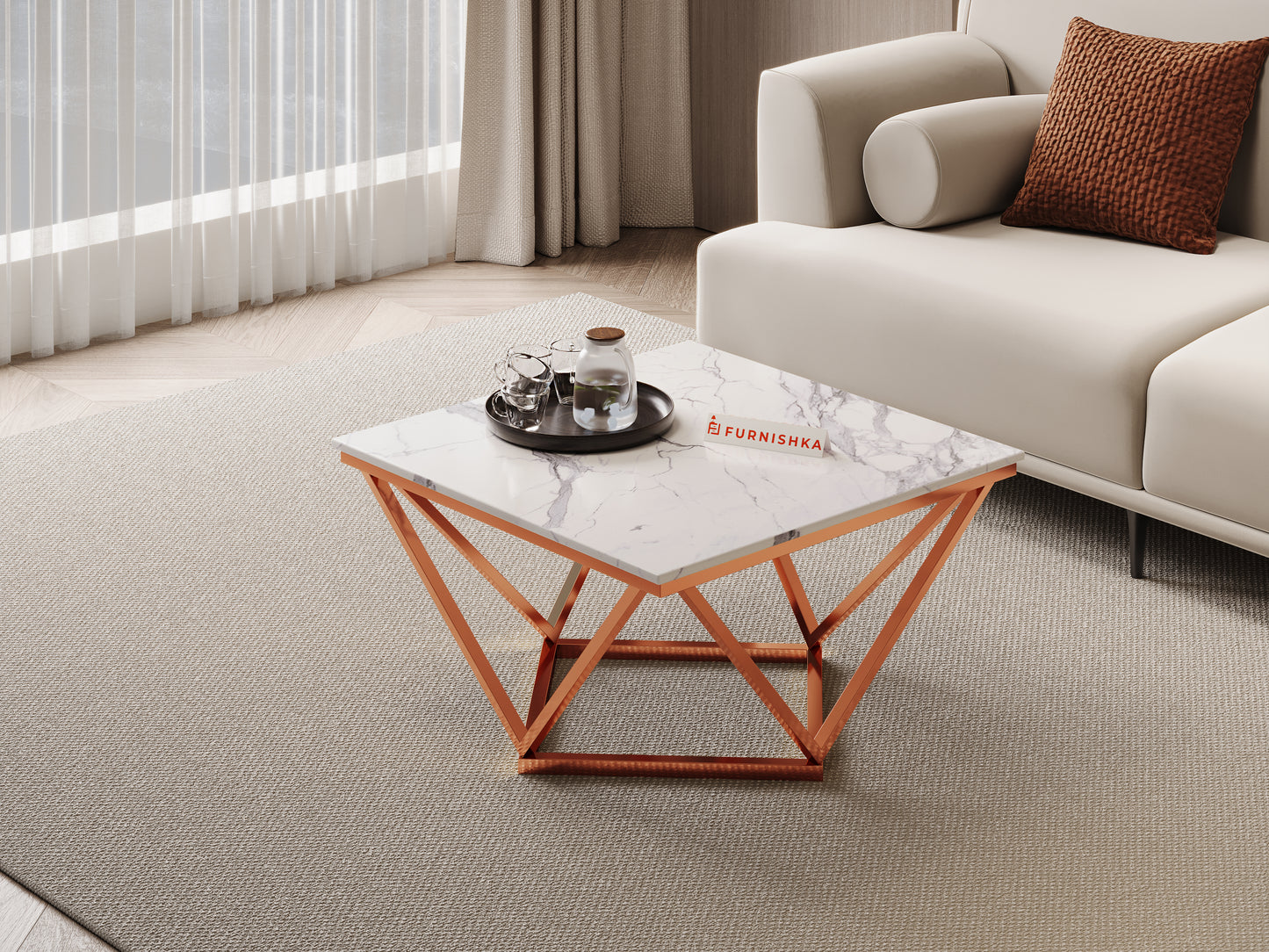 Solaia Coffee Table with Quartz Marble Top in Rose Gold Finish - Furnishka