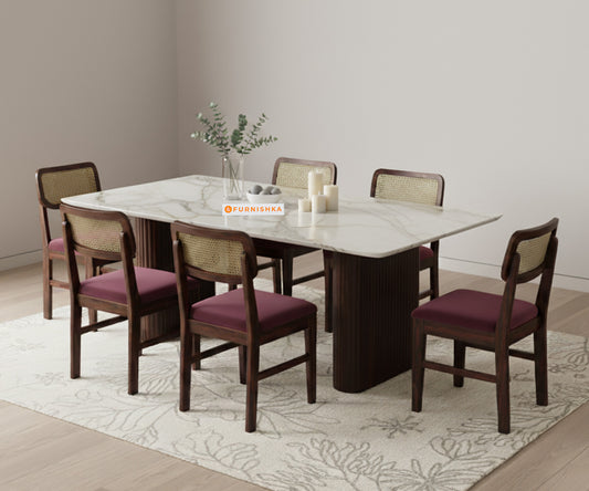 Swaarno 6 Seater Dining Sets with Quartz sandwich Engineering Marble Top in Dark Walnut Finish - Furnishka