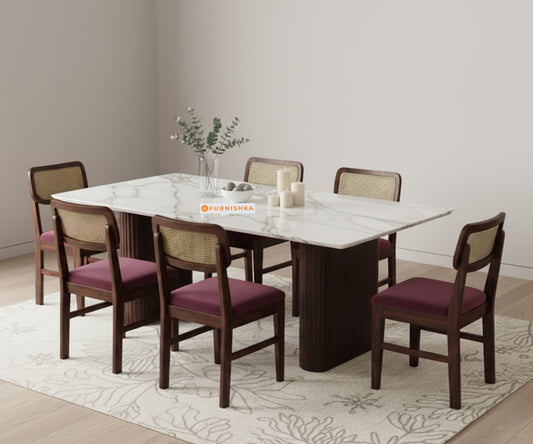 Swaarno 6 Seater Dining Sets with White Engineered Marble Top in Dark Walnut Finish - Furnishka