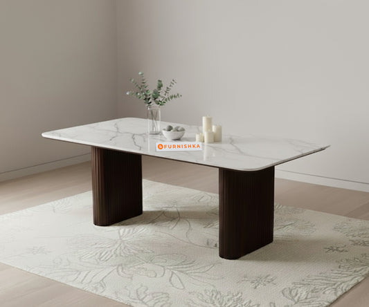 Swaarno Dining Table with White Engineered Marble Top 6 Seater in Dark Walnut Finish - Furnishka