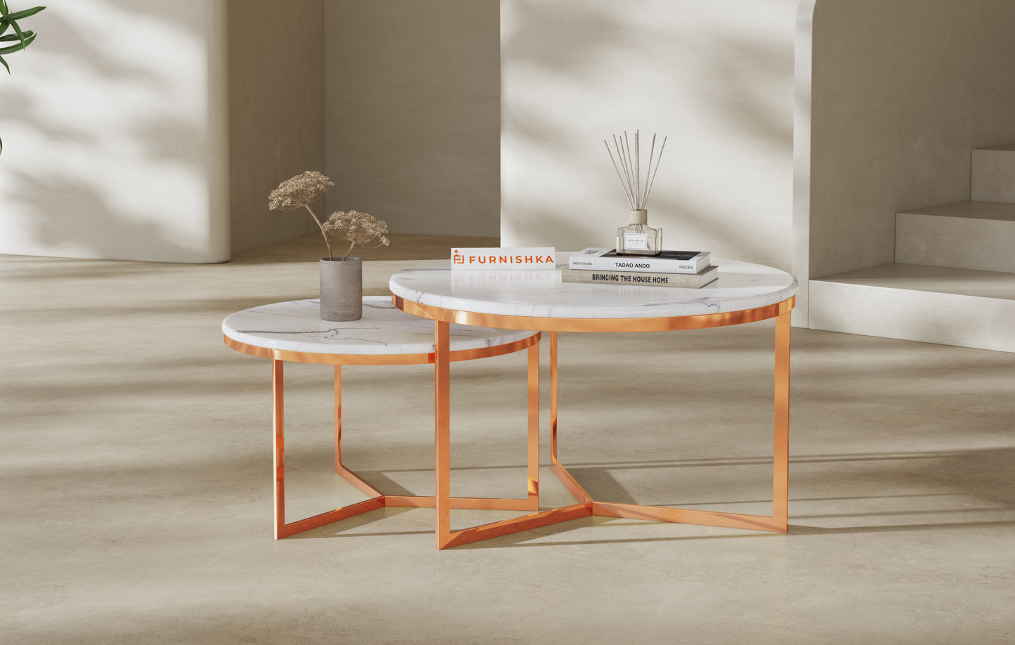 Triade Nesting Table with Quartz Marble Top in Rose Gold Finish - Furnishka