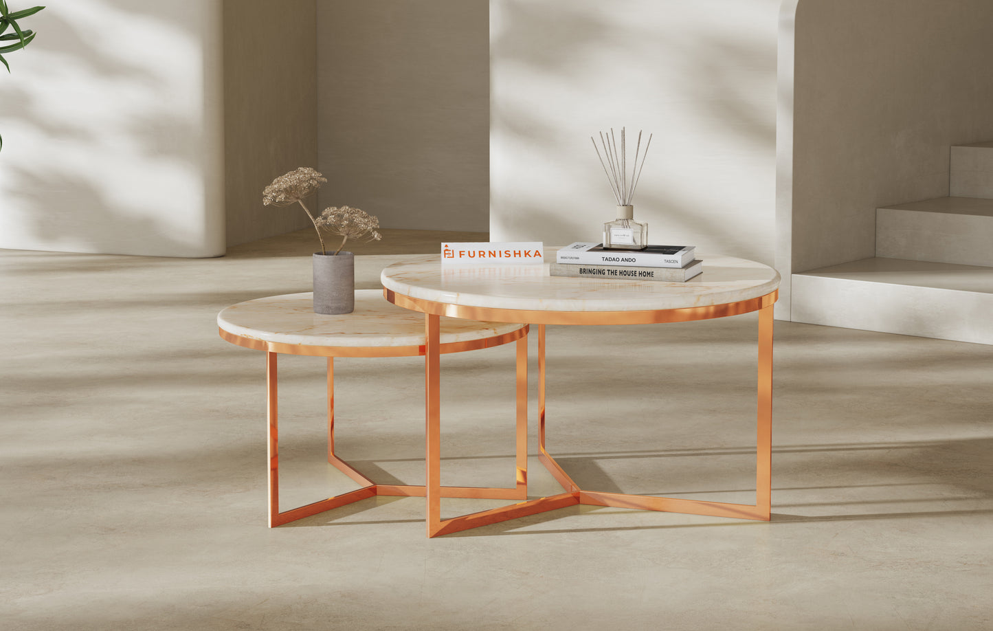 Triade Nesting Table with ROSALIA GOLD Marble Top in Rose Gold Finish - Furnishka