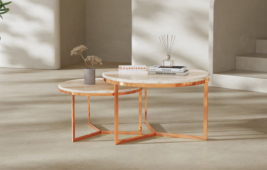 Triade Nesting Table with White Engineered Marble Top in Rose Gold Finish - Furnishka