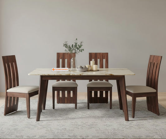 Vedh 4 Seater Dining Set with Rosalia Gold Engineered Marble Top - Furnishka