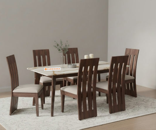 Vedh(Agar) 6 Seater Dining Sets Compact with Rosalia Gold Engineered Marble Sandwich Top - Furnishka