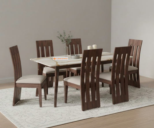 Vedh(Agar) 6 Seater Dining sets with Rosalia Gold Engineered Marble Sandwich Top - Furnishka