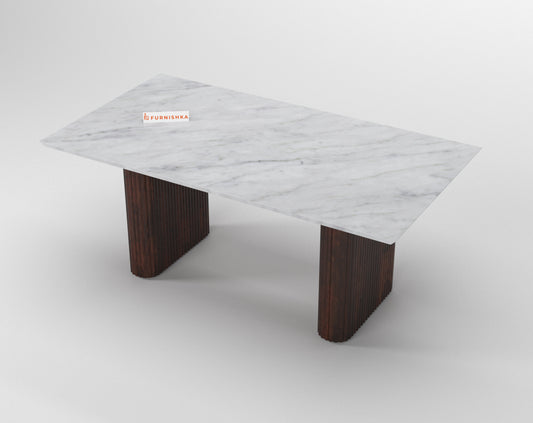 Swaarno Dining Table with White Engineered Marble Top 4 Seater in Dark Walnut Finish