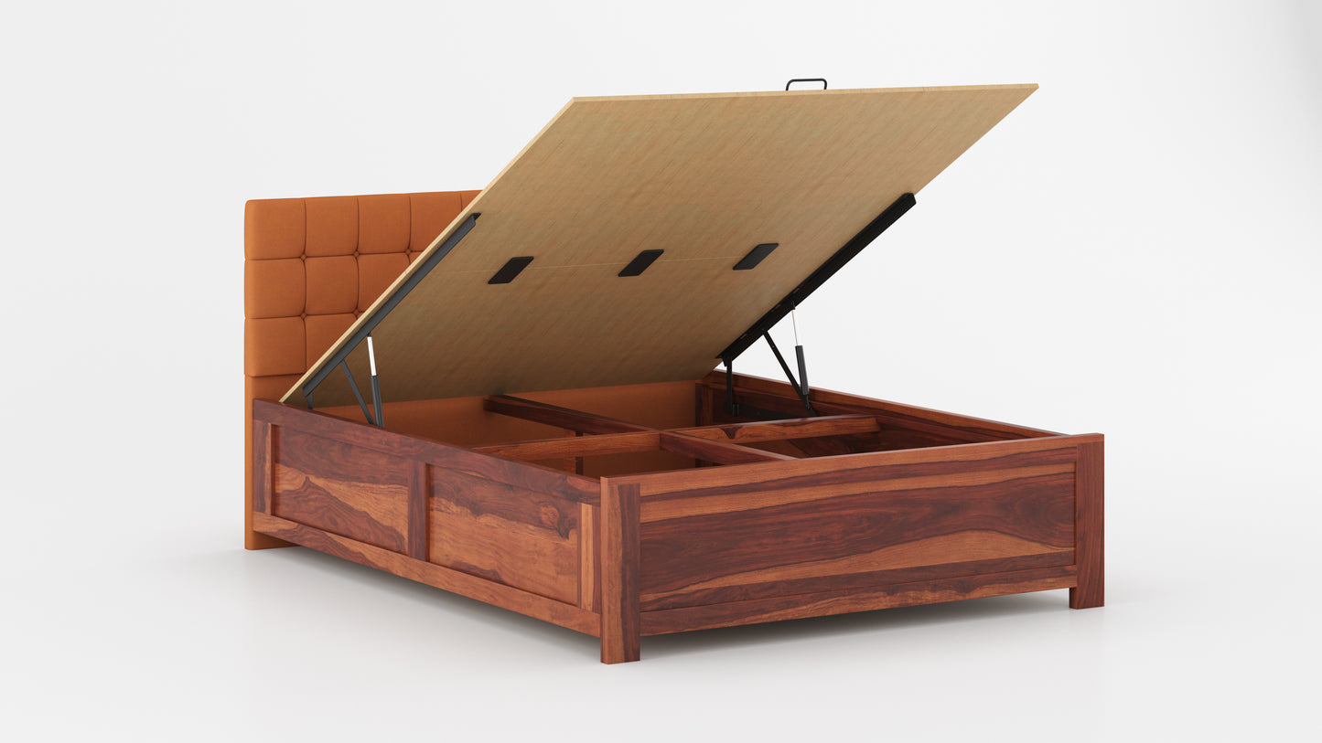 Irene Sheesham Wood bed with Upholstered headboard Hydraulic Storage King Size