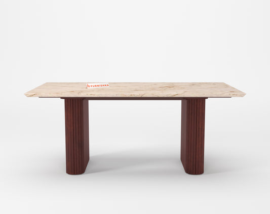 Swaarno Dining Table with ROSALIA GOLD sandwich Engineering Marble Top 6 Seater in Dark Walnut Finish