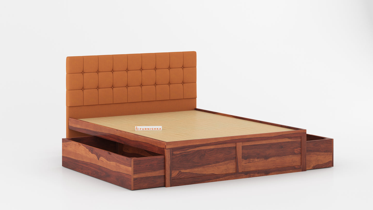Irene Sheesham Wood bed with Upholstered headboard Drawer Storge Queen Size