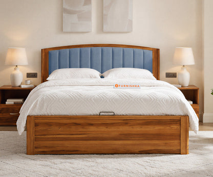 Alessia Teak Wood Bed with Hydraulic Storage King Size in Dusty Blue