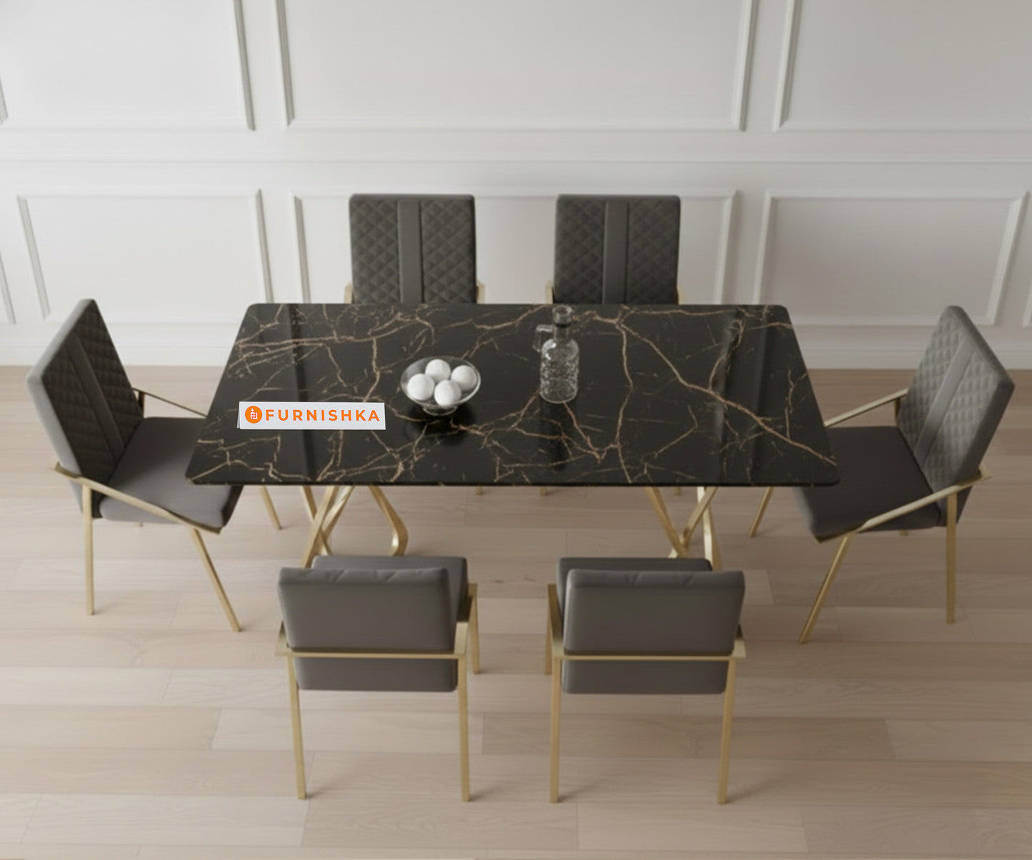 Dolce 6 Seater Compact Dining Sets with Black Engineered Marble Top