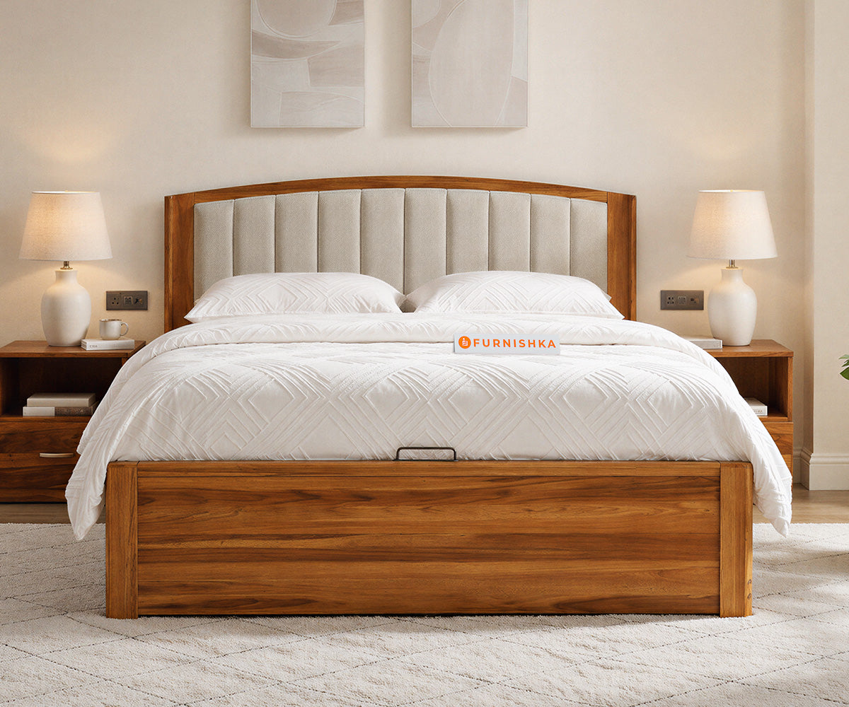 Alessia Teak Wood Bed with Hydraulic Storage King Size in Bone White