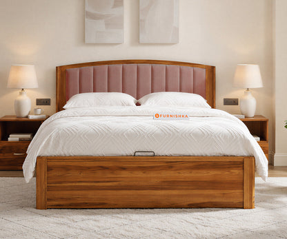 Alessia Teak Wood Bed with Hydraulic Storage King Size in Clay Rose Pink