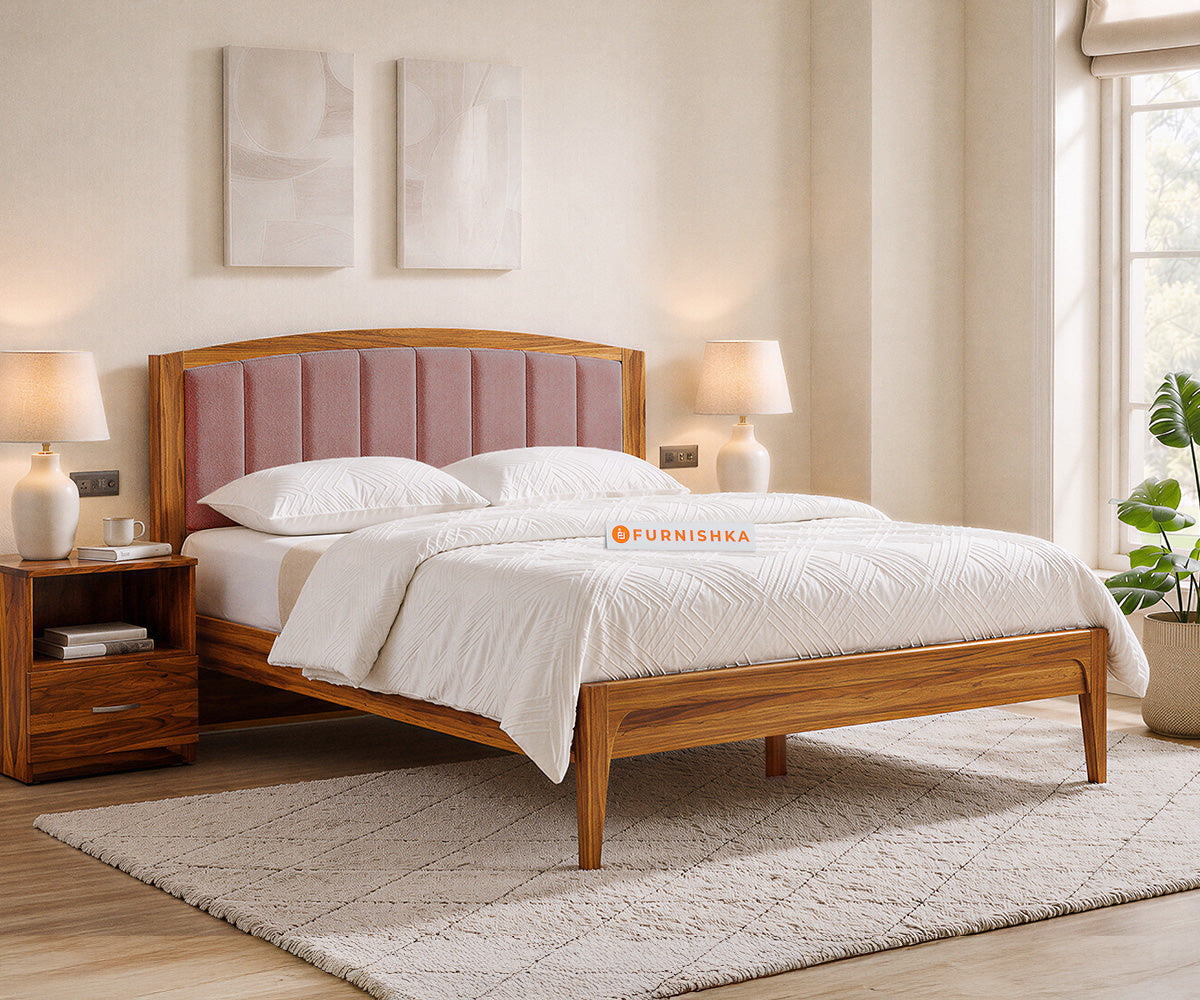 Alessia Teak Wood Bed with Non Storage Queen Size in Clay Rose Pink - Furnishka