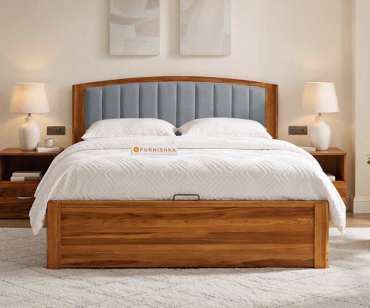 Alessia Teak Wood Bed with Hydraulic Storage Queen Size in Silver Grey