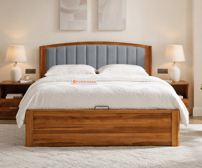 Alessia Teak Wood Bed with Hydraulic Storage Queen Size in Silver Grey