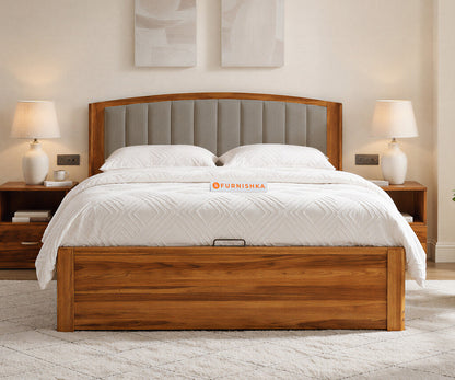 Alessia Teak Wood Bed with Hydraulic Storage King Size in Taupe Beige