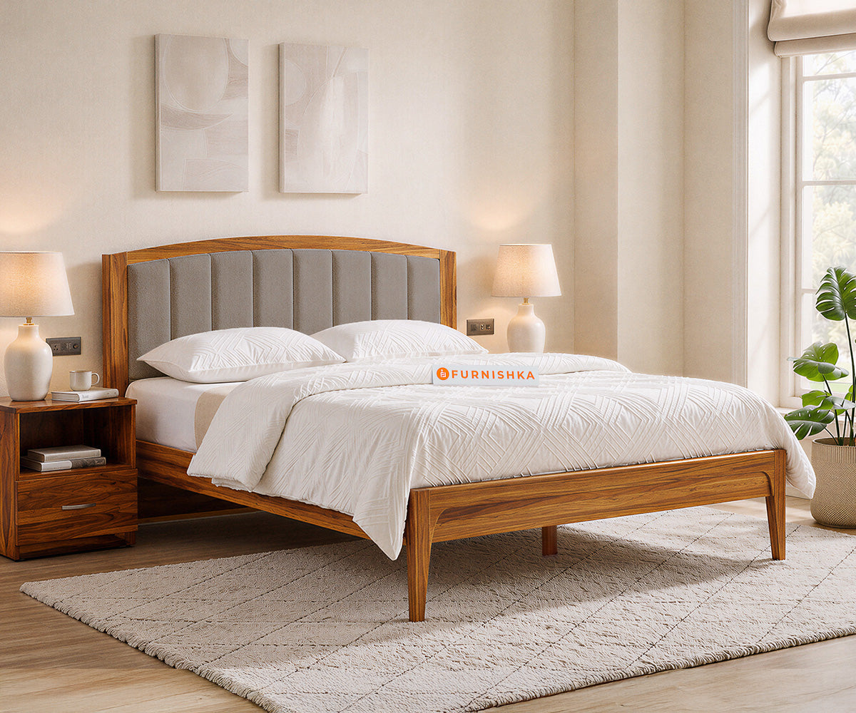 Alessia Teak Wood Bed with Non Storage Queen Size in Taupe Beige - Furnishka