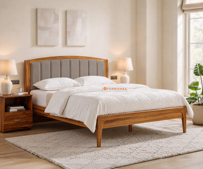 Alessia Teak Wood Bed with Non Storage Queen Size in Taupe Beige