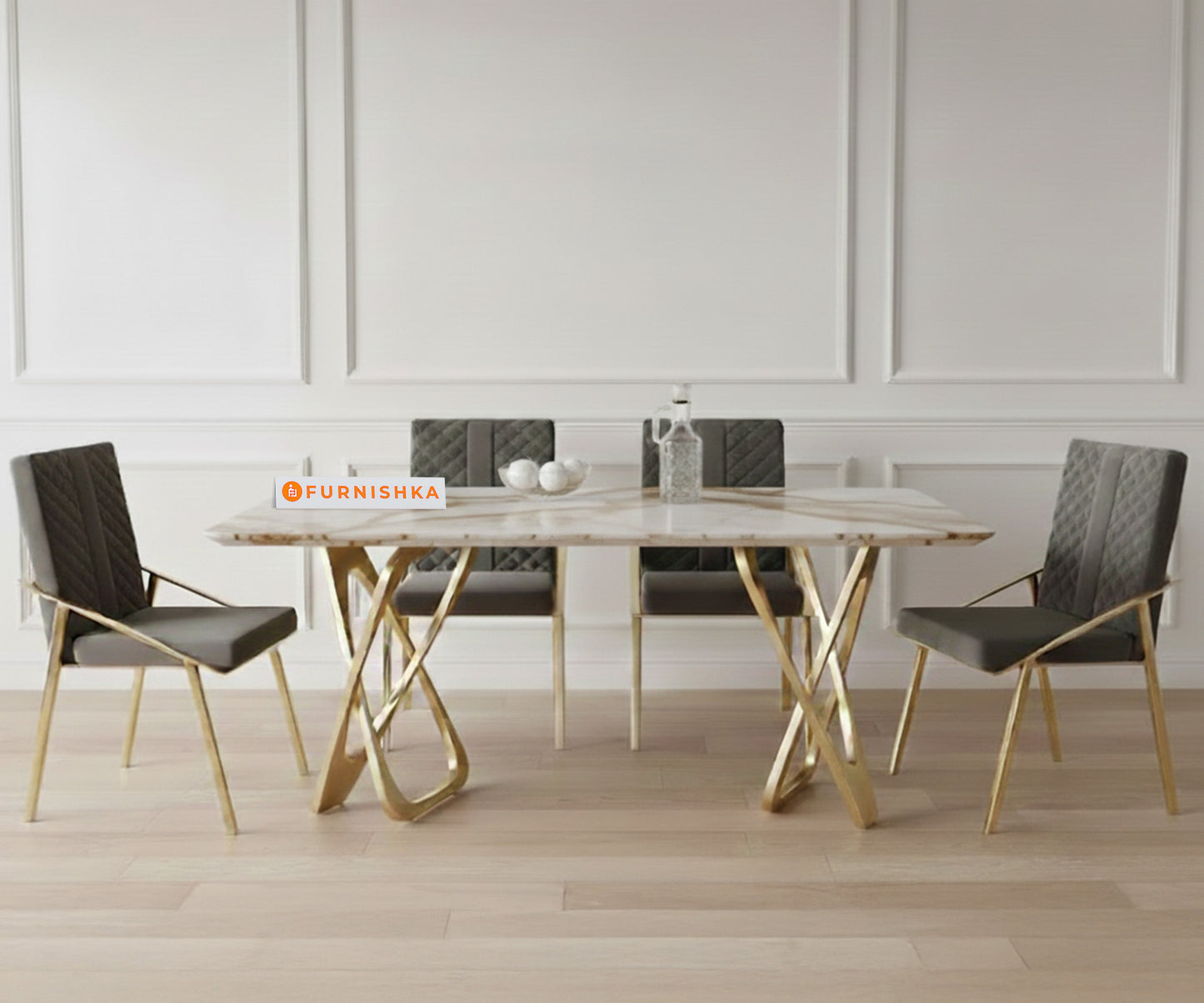 Dolce 4 Seater Dining Sets with Rosalia Gold Sandwich Engineering Marble Top Gold Finish