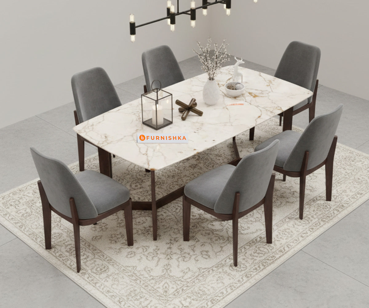Vetra 6 Seater Dining Sets with Rosalia Gold Engineered Marble Top