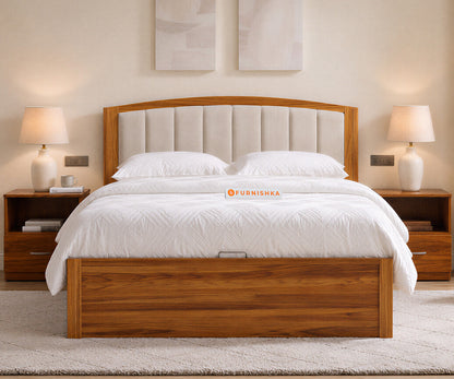Alessia Teak Wood Bed with Hydraulic Storage Queen Size in Bone White - Furnishka