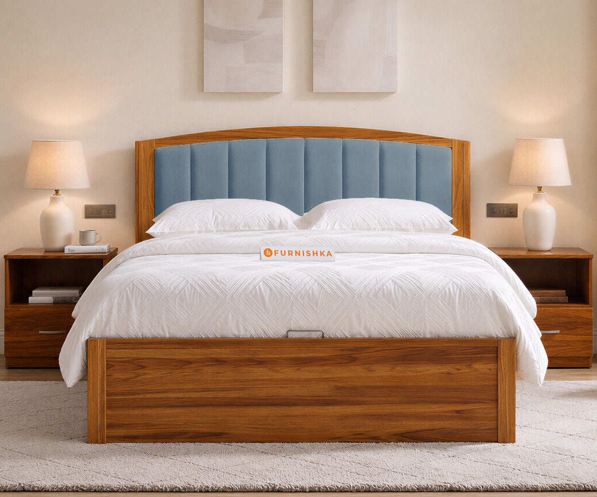 Alessia Teak Wood Bed with Hydraulic Storage Queen Size in Dusty Blue - Furnishka