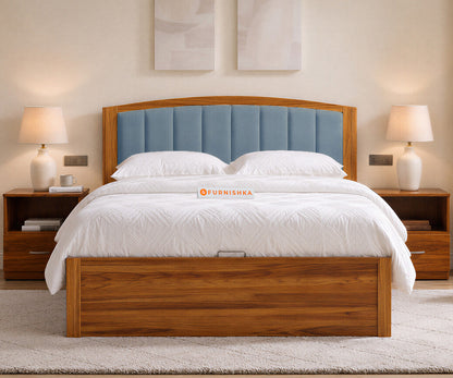Alessia Teak Wood Bed with Hydraulic Storage Queen Size in Dusty Blue - Furnishka