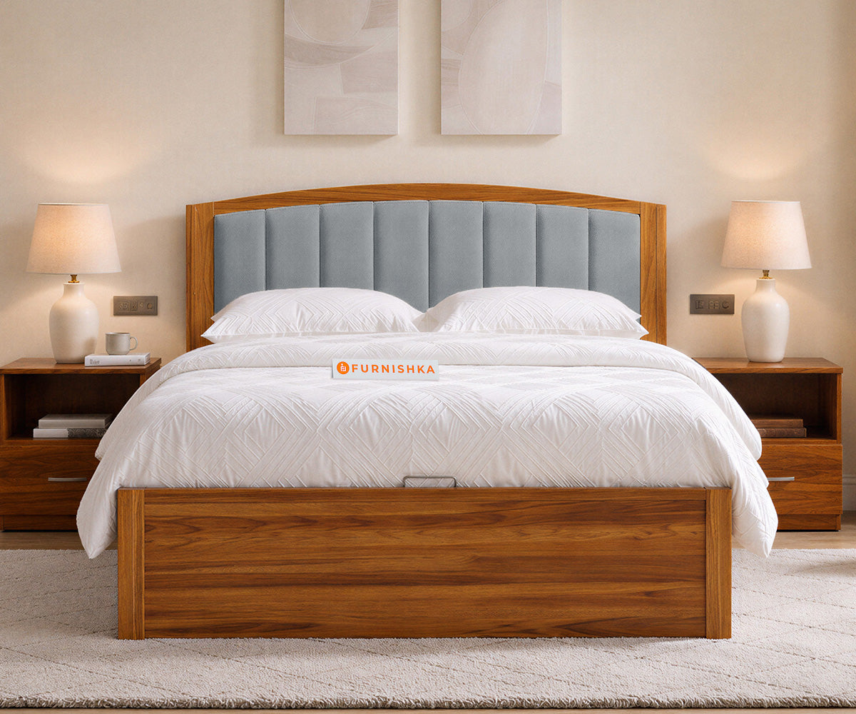 Alessia Teak Wood Bed with Hydraulic Storage Queen Size in Silver Grey - Furnishka