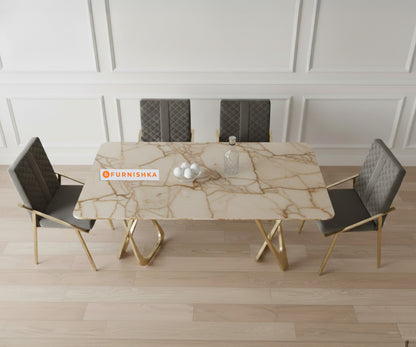 Dolce 4 Seater Dining Sets with Rosalia Gold Sandwich Engineering Marble Top Gold Finish