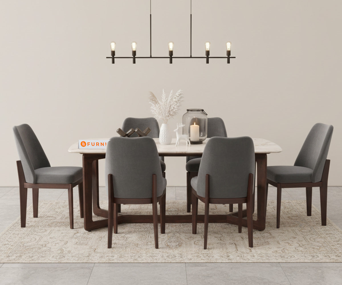 Vetra 6 Seater Dining Sets with Rosalia Gold Engineered Marble Top